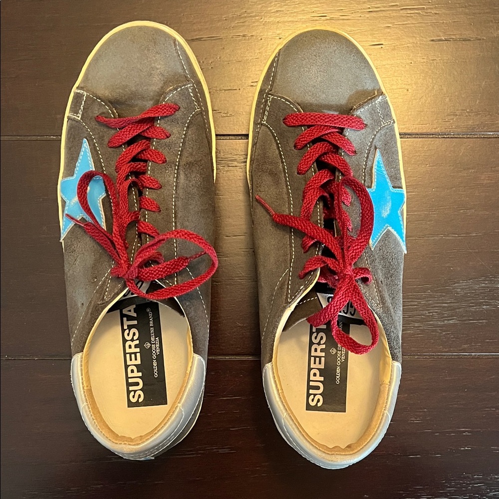 Golden Goose Gray Sneakers with Blue Star and Red Laces